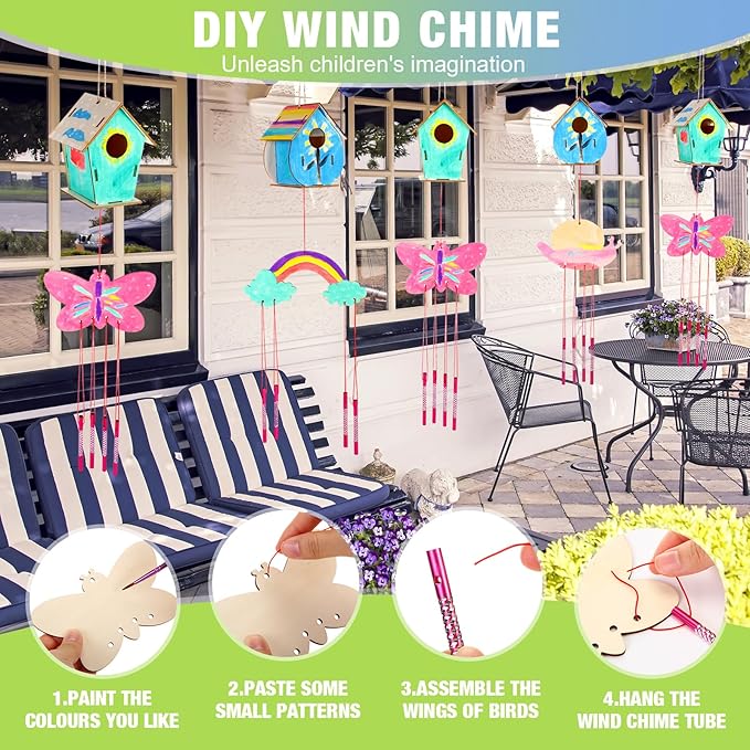 30 Pcs Crafts DIY Bird House Wind Chime Kit Unfinished Wood Birdhouse Kits 12 Wooden Birdhouses & 18 Wind Chimes Build and Paint Birdhouses Bulk Crafts Set