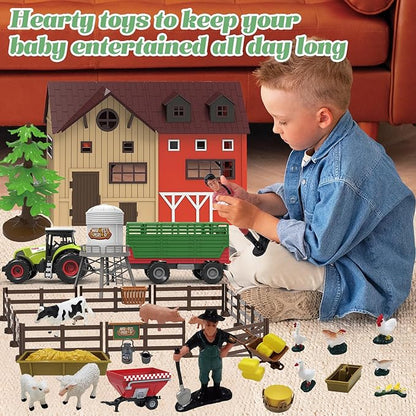 109PCS Farm Animals Toys Set Comes with Barn, Rice Storehouse, Rice Trolley, Milking shed, Farmer, Fence - Playset for Kids Toddlers Boys Girls 5+ Years Old