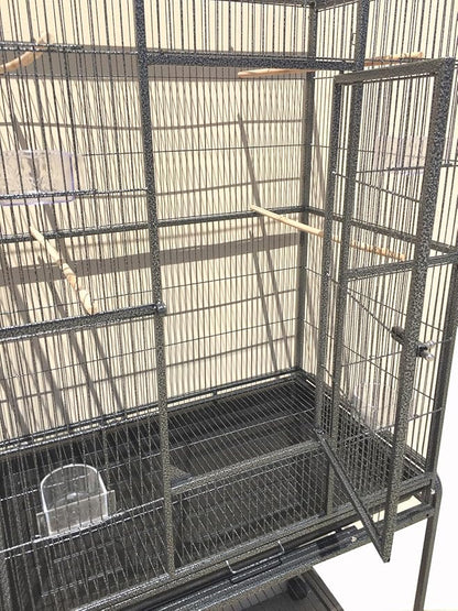 64" Extra Large Double Flight Bird Wrought Iron Double Cage Slide Out Center Divider Side Nesting Box Door Parrot Cage Cockatiel Conure with Removable Rolling Stand Storage Shelf