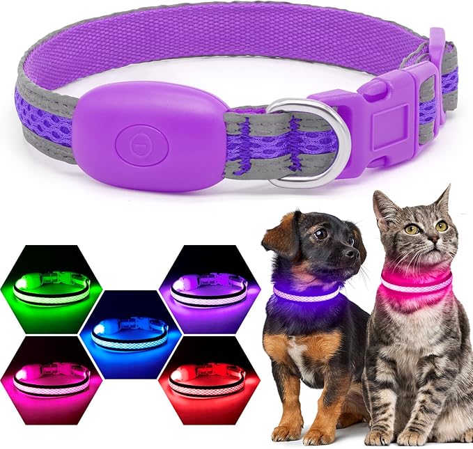 Flashseen LED Cat Collar,Light Up Dog Collar Rechargeable, Dog Lights for Night Walking, Comfortable Soft Mesh Pet Collar Adjustable for Cats Puppy and Small Dogs (Purple, XS)