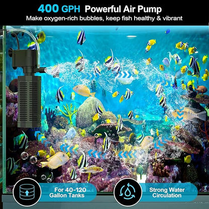 Aquarium Internal Filter for 30~100 Gallons - Ultra-Quiet Fish Tank Filters 400GPH Submersible Power Pump Filter with Biochemical Filtration Air Supply Water Clean