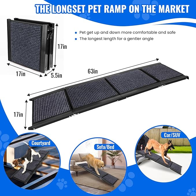 Dog Ramp for Car, 63"x17" Foldable Car Ramp for Dogs, Dog Car Dog Ramps for Large Dogs SUV, Car Dog Ramp with Non-Slip Rug Surface, Folding Dog Ramp for Truck, SUV