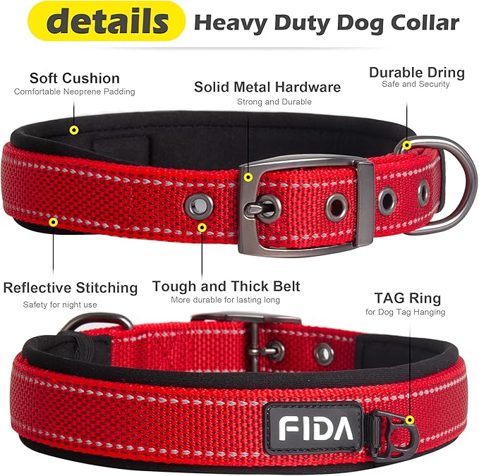Fida Heavy Duty Dog Collar, Ultra Comfortable Soft Neoprene Padded, Adjustable Reflective Nylon Pet Collar with Durable Metal Belt Buckle for Medium Breeds (M, Red)