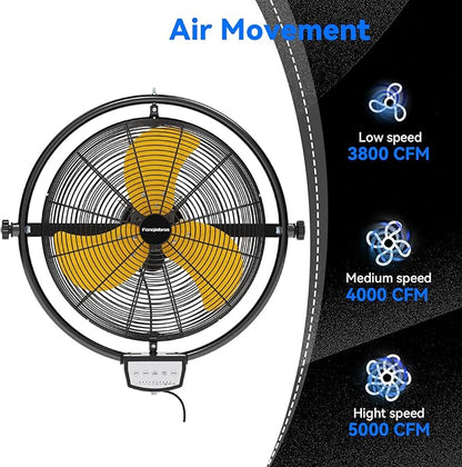 20 IN 5500 CFM Remote Control Wall Mount Fan, 3 Speed High Velocity Wall Fan with Timer, Oscillation & Tilting, Air Circulator for Garage, Commercial, Greenhouse, Warehouse & Gazebo Use, UL Listed