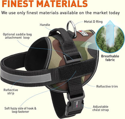 Dogline Dog Harness, Reflective No-Pull Adjustable Vest with Handle, Breathable No-Choke Harness for Small, Medium or Large Dogs Room for Patches Girth 27 to 34 in Green Camo
