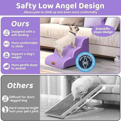 Dog Ramp and Stair for Bed 16" H-20 H,3-Step Cat Stair for Sofa and Chair,4-Step Dog Ramp for High Bed and Window,Durable Nonslip Fabric Stair for Indoor (Purple-16 H, Pet Friendly, 3)