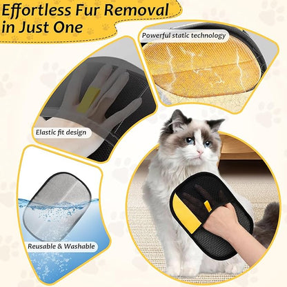 3 Pcs Pet Hair Removal Glove Set, Reusable Electrostatic Pet Hair Remover with Hair Remover Brush and Pet Comb, Upgrade Efficient Cats&Dogs Grooming Gloves for Clothes Furniture Carpet Seat