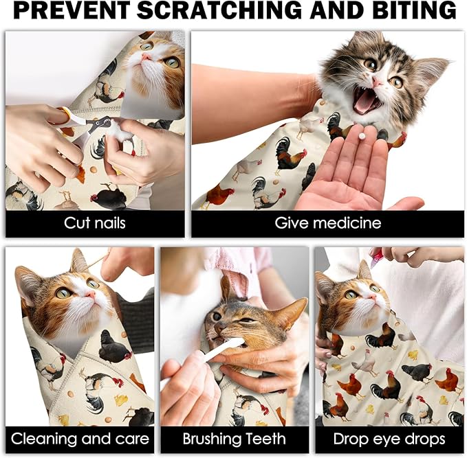 27.6"Cat Grooming Wrap, Self Adhesive Cat Wrap for Cutting Nails, Anti-Escape Calming Cat Swaddle Wrap for Medicine Ear Cleaning, Chicken Anti-Scratch Cats Burrito Restraint Blanket,Practical Pet Tool