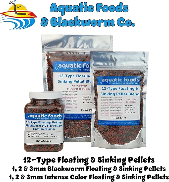 Aquatic Foods Inc. 12-Type Ultra Mix of 1mm, 2mm, 3mm Floating & Sinking California Blackworm and Intense Coloring Pellets for All Tropical Fish & Pond Fish…10oz Jar
