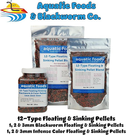 Aquatic Foods Inc. 12-Type Ultra Mix of 1mm, 2mm, 3mm Floating & Sinking California Blackworm and Intense Coloring Pellets for All Tropical Fish & Pond Fish…10oz Jar