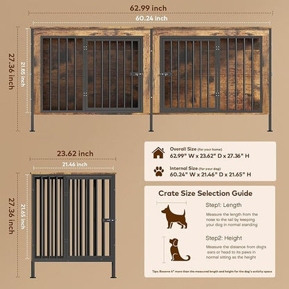 63 in Dog Crate Furniture for 2 Large/Medium Dogs with Removable Divider, Extra Large Double Doors Dog Kennel, XXL Thick Wooden Dog Cage Furniture,Sturdy and Durable, Brown