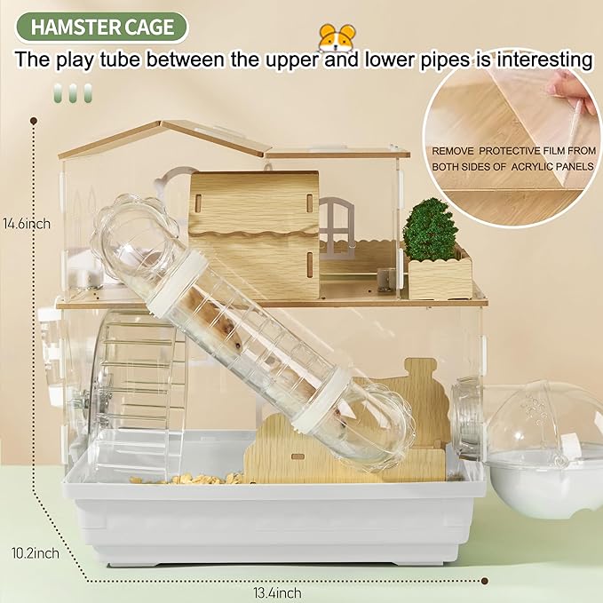12 in 1 Clear Acrylic Hamster Cage with All Accessories,13.5''L* 10''W* 15''H Dwarf Hamster Cage,Magnetic Connection Small Hamster Enclosure,Garden Style Wooden Mouse Cage for Pet Mice(2-Layer,White)