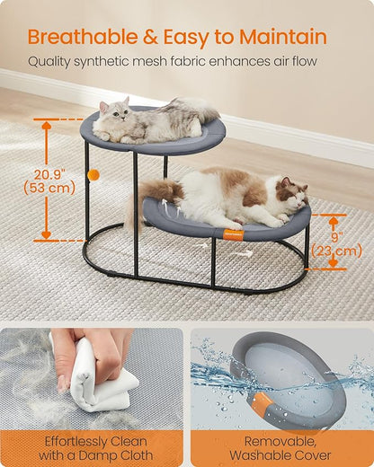 Feandrea 2-Tier Elevated Cat Hammock Bed, Breathable Furniture for Multi-Cat Households Indoor and Outdoor, with Removable Washable Mesh, Steel Frame, for Summer, Dove Gray UPCB012G01