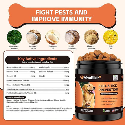Flea and Tick Prevention for Dogs – 200 Soft Chews - Dog Flea and Tick Treatment & Oral Flea Pills – Skin & Coat Health - Made in USA - for Small, Medium, Large Dogs