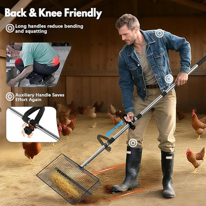 15inch Large Chicken Poop Scooper, 2 Slot Widths (0.16"&0.28"), 39" to 76" Adjustable Stainless Steel Handle, Sifting Litter Shovel for Chicken Coop/Stables/Farm Cleaning(with Effortless Grip)