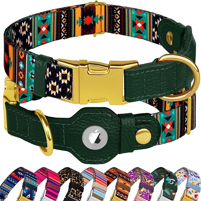 AirTag Dog Collar for Small Medium Large Breed - Adjustable Cute Pattern Dog Collar with Airtag Holder - Soft Leather Tracker GPS Apple Air Tag Pet Collars (X-Large, 20"-25" Neck Fit, Tribal)