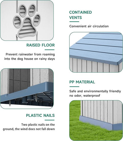 DRATO Indoor Outdoor Waterproof Dog House,PP Material,Puppy Shelter with Air Vents and Elevated Floor,Sturdy Dog Kennel for Small to Large Sized Dogs, Easy to Assemble (Blue, 38.62×36.26×38.07 Inches)