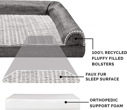 Furhaven Orthopedic Dog Bed for Large Dogs w/ Removable Bolsters & Washable Cover, For Dogs Up to 125 lbs - Luxe Faux Fur & Performance Linen Sofa - Charcoal, Jumbo Plus/XXL