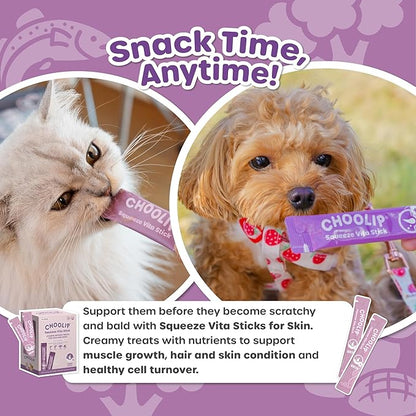 Grab & Go Squeeze Vita Stick Lickable Treats for Dogs & Cats. 49 Coat Support Sticks with Essential multivitamins. Soft and Tasty Paste for All Life Stages, Supporting Coat Health
