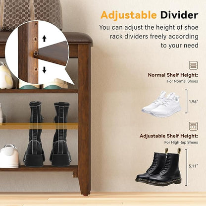 Entryway Shoe Storage Bench with Leather Cushion, Shoe Organizer Bench for Entryway, Ideal for Hallways Front Doors Entrances Mudrooms Featuring Rubberwood And 3 Height-Adjustable and Removable Shelve