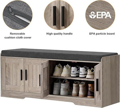 2-Tier Storage Bench, Shoe Bench with Thickened Padded Seat Cushion, Entryway Bench with 4 Doors, Adjustable Shelf, 13.8" D x 45.3" W x 18.5" H, for Entryway, Living Room, Bedroom, Greige