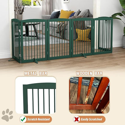 Freestanding Pet Gate for Dogs, Foldable Wooden Dog Gate for House, Extra Wide Indoor Pet Barrier for Stair, Doorway, Hall, Support Feet Included, 120 Inch Wide, 6 Panels 24",Green