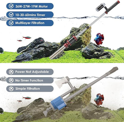 AKKEE Aquarium Vacuum Gravel Cleaner, 36W Fish Tank Gravel Cleaner Vacuum for Water Changer 8 in 1 Multifunctional with Timed Off Waterproof Wash Sand Water Filter Circulation Aquarium Vacuum Cleaner