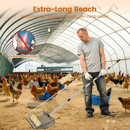 15 inch Extra Large Chicken Poop Scooper with Ergonomic Grip,5-in-1 Heavy Duty Adjustable Coop Scoop for Poop (24 to 68"), Stainless Steel Sifting Litter Shovel Scoop for Chicken Coop