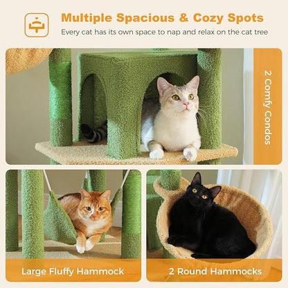 71.2" Large Cat Tree for Multi-Cat Households - 9-Level Cat Tower w/5 Sisal Scratching Posts, 2 Condos, Soft Hammock, Top Perch & Pom Poms - Heavy-Duty Space-Saving Design, Cactus Green