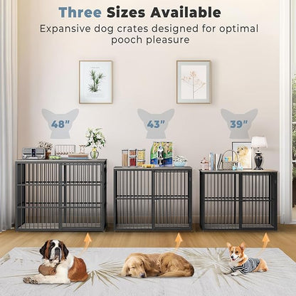 48'' XXL Dog Crate Furniture with 3 Doors, Wooden Crate End Table Heavy Duty Indoor Combination Cage for Medium to Large Dogs, Multiple Units Can be Combined, Grey