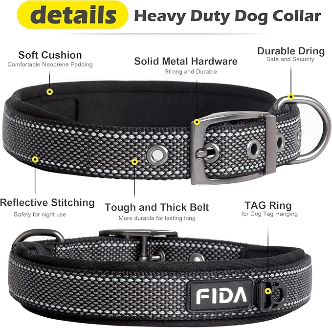 Fida Heavy Duty Dog Collar, Ultra Comfortable Soft Neoprene Padded, Adjustable Reflective Nylon Pet Collar with Durable Metal Belt Buckle for Medium Breeds (M, Black)