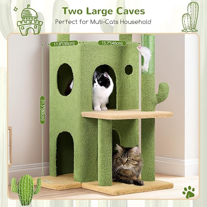 Globlazer Cactus Cat Tree Tower for Indoor Cats, 50-inch Adult Cat Tree House for Large Adult Cats with Steps, Scratching Post, 2 Cat Caves, Dangling Toys, FC50, Green