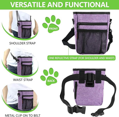 Dog Treat Pouches for Pet Training with Magnetic Closure Treat Pouches for Pet Training,Large Dog Treat Training Pouch and Dog Clicker,Training Treat Pouch Built-In Poop Bag Dispenser-Purple.
