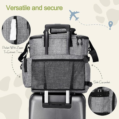 Dog Travel Bag,Weekend Pet Travel Bag Set for Dog and Cat,Airline Approved Tote Multi-Function Dog Bags for Traveling,Include 2 Collapsible Bowls,2 Food Storage Containers,1 Feeding Mat,Gray