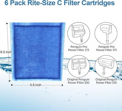 6 Pack Fish Tank Filter Cartridge, Rite-Size C filter cartridges Compatible with Marineland Penguin PRO Power Filters 275/375 & Original Penguin Power Filters 200/350 and AQUA-Tech 20-40 & 30-60