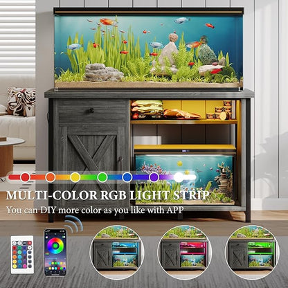 4ever2buy 55 Gallon Fish Tank Stand with LED Light & Power Outlets, 55-75 Gallon Aquarium Stand with Drawer & Barn Door, Cabinet for Fish Tank Accessories Storage for Reptile Tank, Turtle Tank, Gray