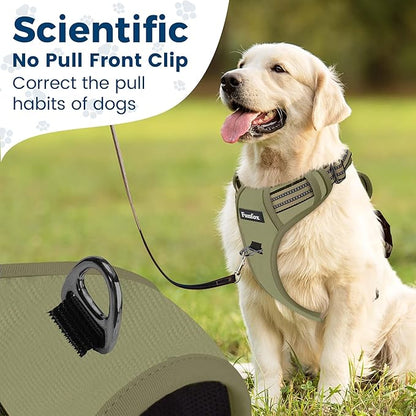 Funfox Dog Harness No Pull, Adjustable Pet Vest Harness, Super Soft Material with Vertical Handle Easy Control, Reflective Night Walking, 2 Leash Clips for Medium Sized Dogs, Army Green, M