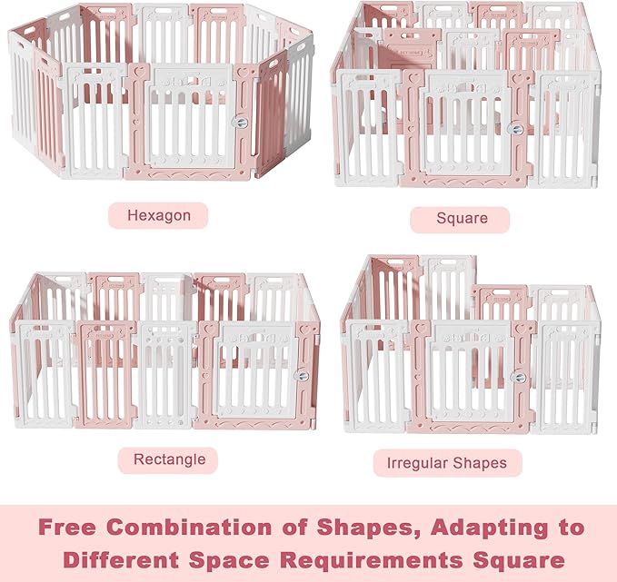 2 Room Dog Playpen with Door,DIY Shape Combination Puppy Pen,16-Panel+2 Link Piece+Large Door+Small Door,25.5" H Dog Fence,Non-Slip&Secure Pet Gate,Easy to Assemble,Pink + White