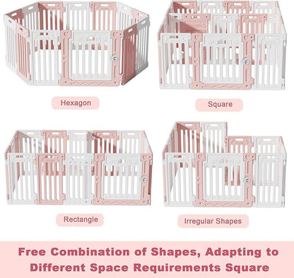 2 Room Dog Playpen with Door,DIY Shape Combination Puppy Pen,16-Panel+2 Link Piece+Large Door+Small Door,25.5" H Dog Fence,Non-Slip&Secure Pet Gate,Easy to Assemble,Pink + White