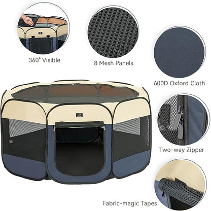 A 4 Pet Portable Dog Playpen, 49” Playpen for Dogs with Bowl, Suitable for Puppies, Kittens, and Small Animals, Removable Zipper & Mesh Panel(19”W × 12”H)