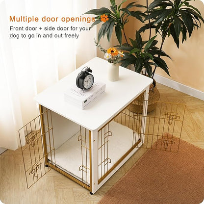 DWANTON Dog Crate Furniture with Cushion, Wooden Kennel Table with Double Doors, Indoor Dog House, Small/Medium/Large Size, 27.2" L, White