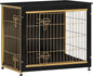 DWANTON Dog Crate Furniture with Cushion, Wooden Kennel Table with Double Doors, Indoor Dog House, Medium Size, 32.5" L, Black+Gold