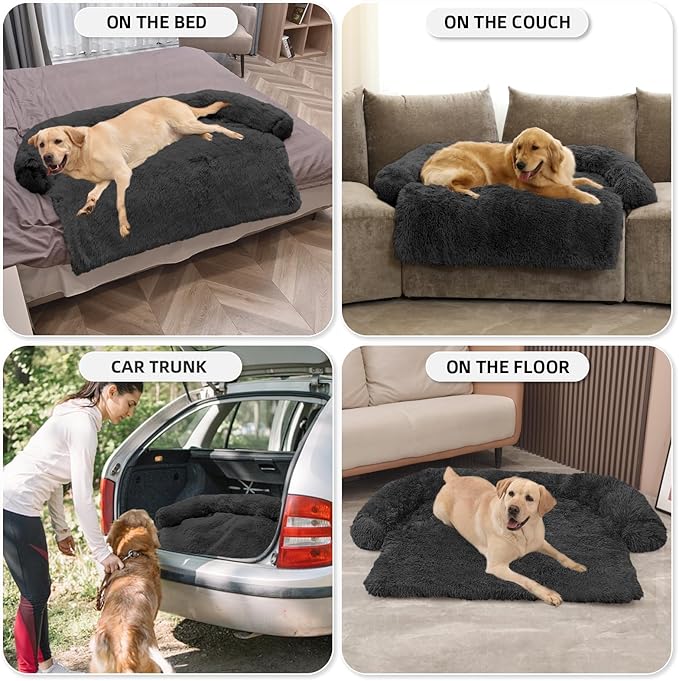 GGIB Calming Dog Bed Fluffy Plush Dog Mat for Furniture Protector with Removable Washable Cover for Large Medium Small Dogs and Cats (Extra Extra Large, Dark Grey)
