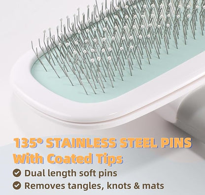 360°Rotating Dog and Cat Brush with Coated Tips and Soft Pins in 2 Length Gentle Slicker Brush for Small Dogs Puppies Yorkies Poodles Removes Loose Fur