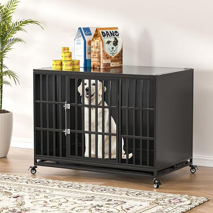 48 inch Heavy Duty Dog Crate with Self-Locking Latch, Indestructible Large Steel Kennel with Enclosed Design, Escape-Proof and Chew-Proof Pet Cage for High Anxiety Dogs