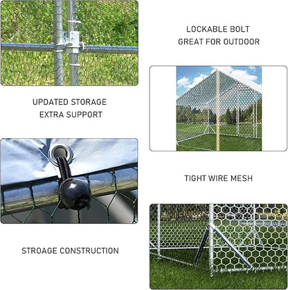 4ever2buy Large Metal Chicken Coop with Run Walk-in Poultry Cage Chicken Runs House Pen Cage Spire Roofed Chicken Coops with Anti-Ultraviolet Cover for Outdoor Backyard Farm Use 9.8’L x 6.6’W x 6.4’H