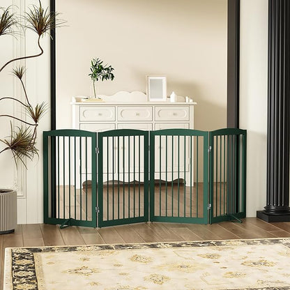 Freestanding Pet Gate for Dogs, Indoor Wooden Dog Gate for House, Foldable Dog Gate for Doorway, Stair, Step Over Pet Puppy Safety Fence Tall, 80 Inch Wide, 4 Panels 32", Green