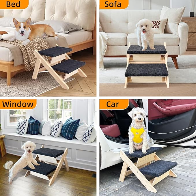 Dog Stairs/Ramp for Bed, Wooden Convertible Pet Steps, Portable Dog Ladder Up to 180 Pound for Elderly/Short-Legged Dogs, 2 Steps for Beds, Couch, Cars
