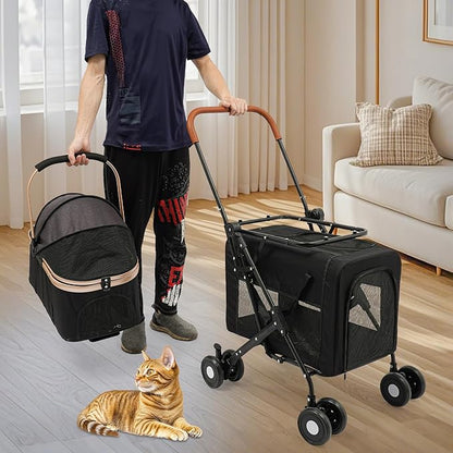 2-Layers Pet Stroller for 2 Cats/Dogs,Foldable Lightweight 77lbs Capacity Carrier, 4 Wheels, Removable Basket & Storage Pocket,for Small Pets (Black)