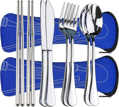 10PCS Portable Silverware Set with Case, Lengnoyp Travel Camping Utensils Set, Premium Stainless Steel Travel Cutlery Set, Reusable Safe Flatware Sets for Lunch Box/Workplace/Students, Silver